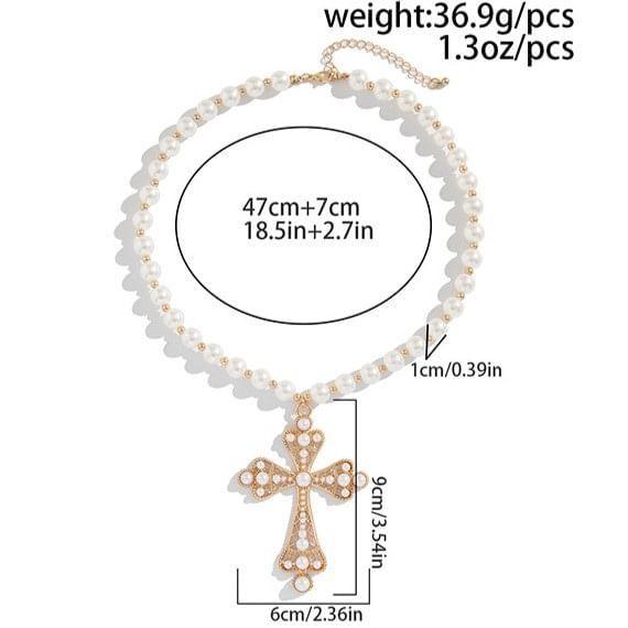 Cross Pendant Faux Pearl Necklace Product Image