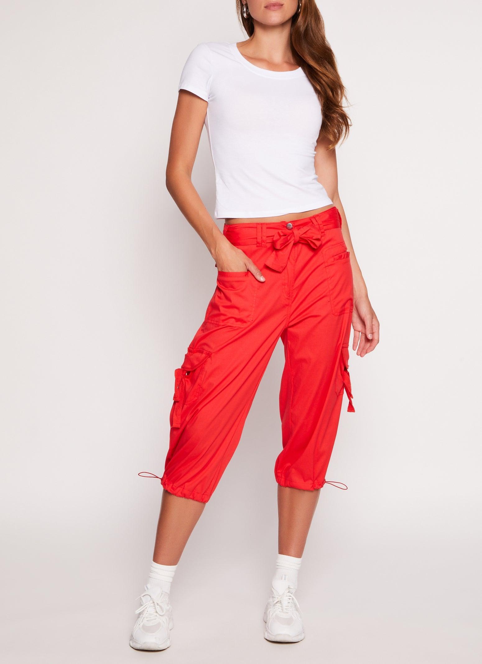 Womens Poplin Tie Waist Capri Cargo Pants Product Image