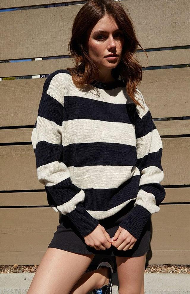 John Galt Women's Navy & Cream Striped Brianna Sweater in White/Black Product Image