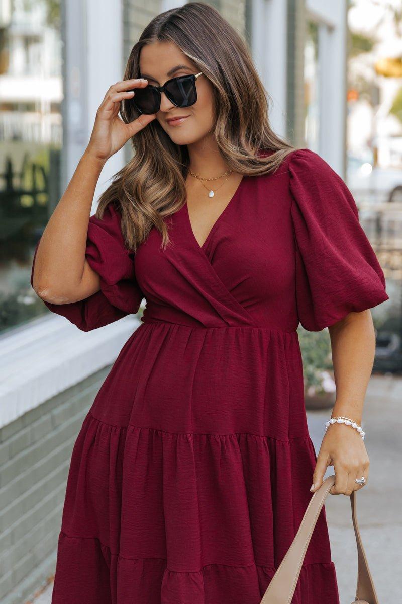 Wine Tiered Midi Wrap Dress Female Product Image