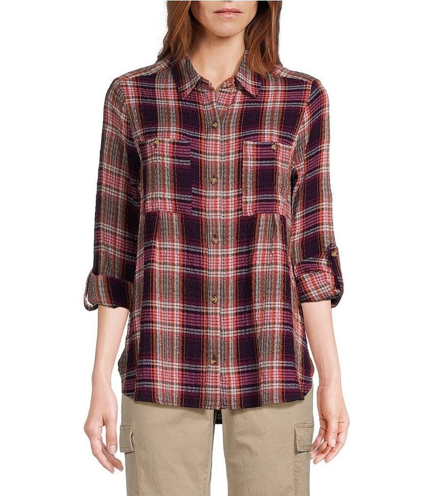 Intro Woven Plaid Print Point Collar 3/4 Roll-Tab Sleeve Button-Front Shirt Product Image