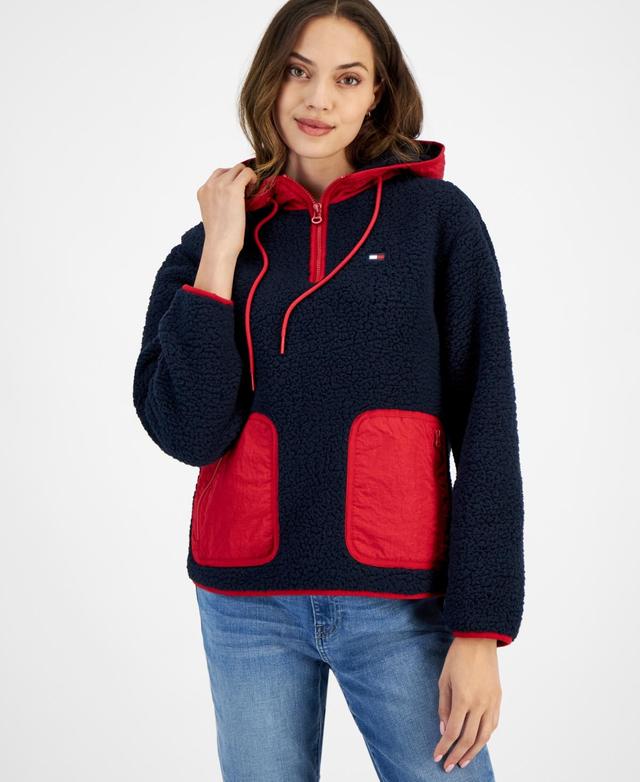 Tommy Hilfiger Womens Solid Sherpa Hooded Pullover Jacket Product Image