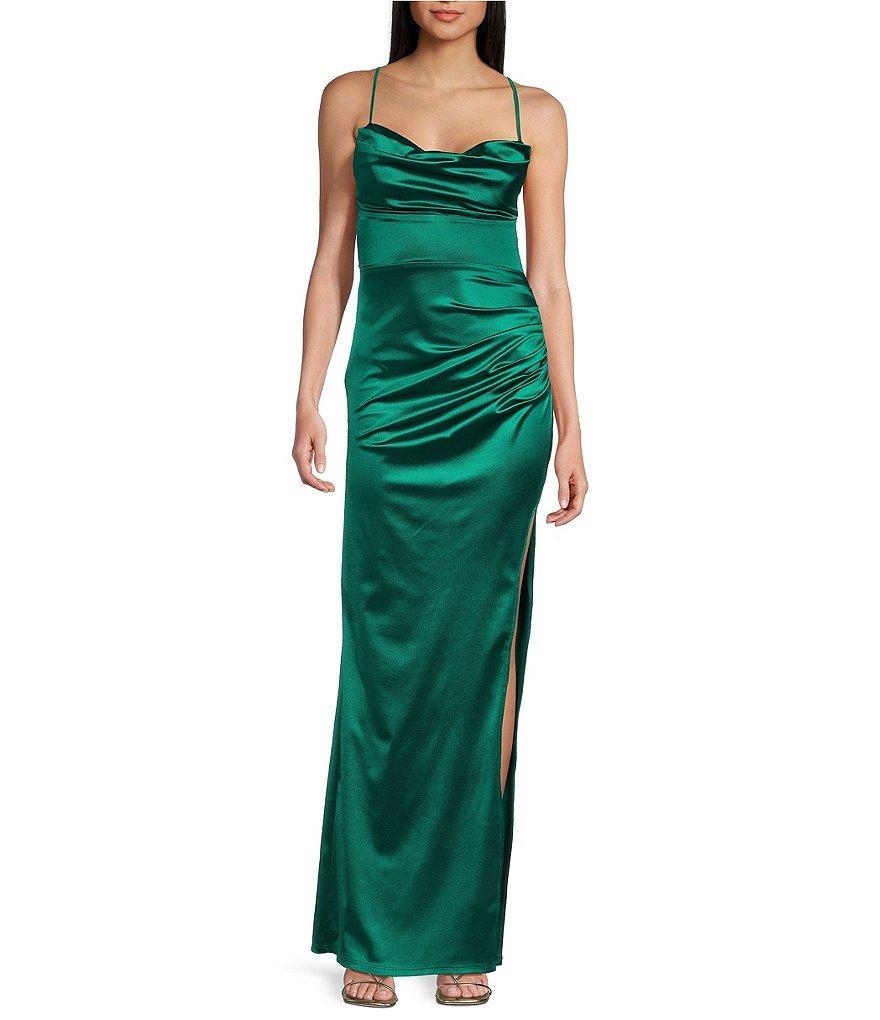 B. Darlin Satin Drape Neck Lace-Up Back Ruched Long Dress Product Image