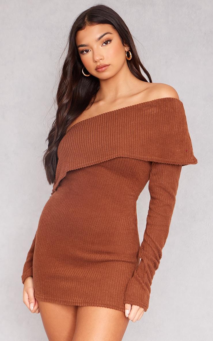 Chocolate Ribbed Long Sleeve One Shoulder Asymmetric Bardot Mini Dress Product Image