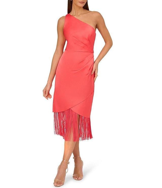 Adrianna by Adrianna Papell Satin One Shoulder Sleeveless Faux Wrap Fringe Hem Midi Dress Product Image