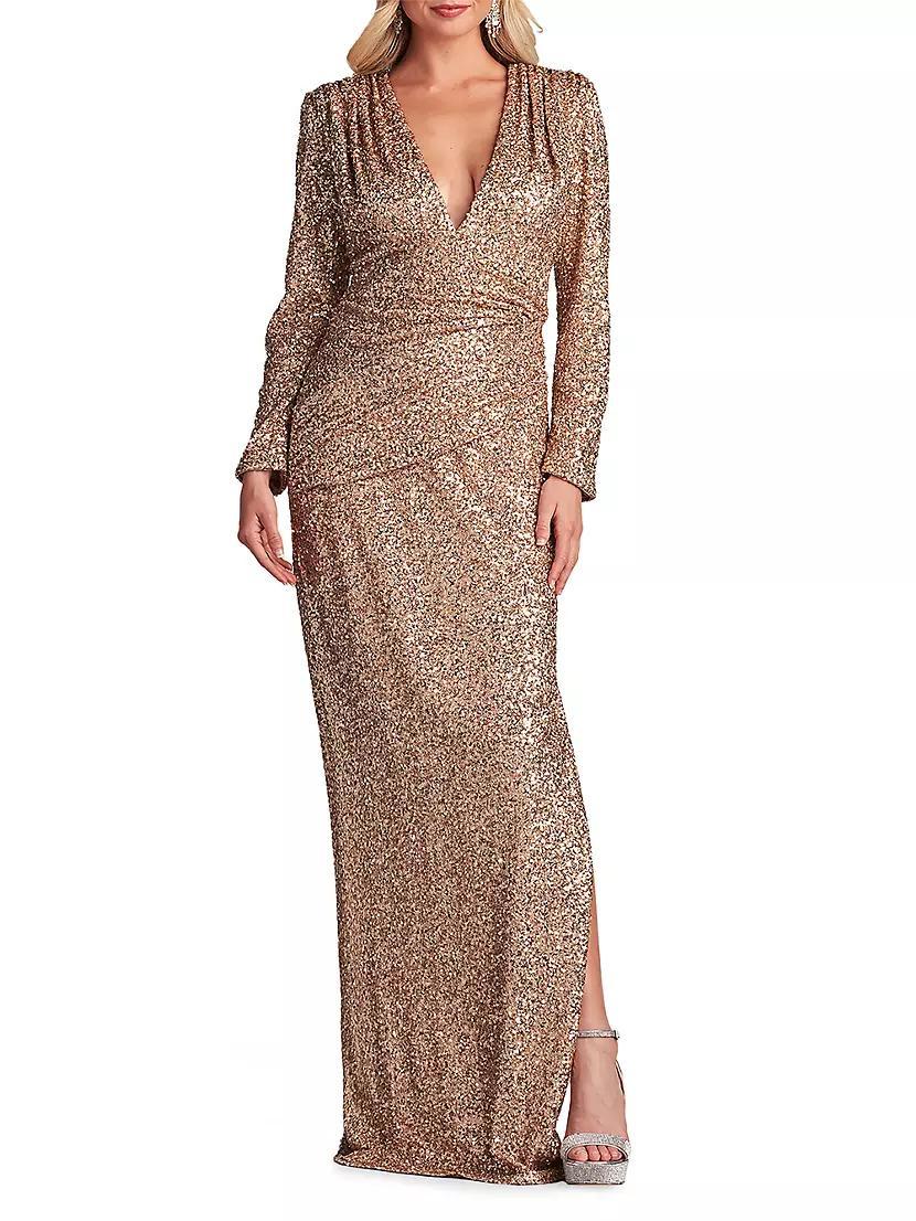 Long Sleeve Sequined V-Neck Gown Product Image