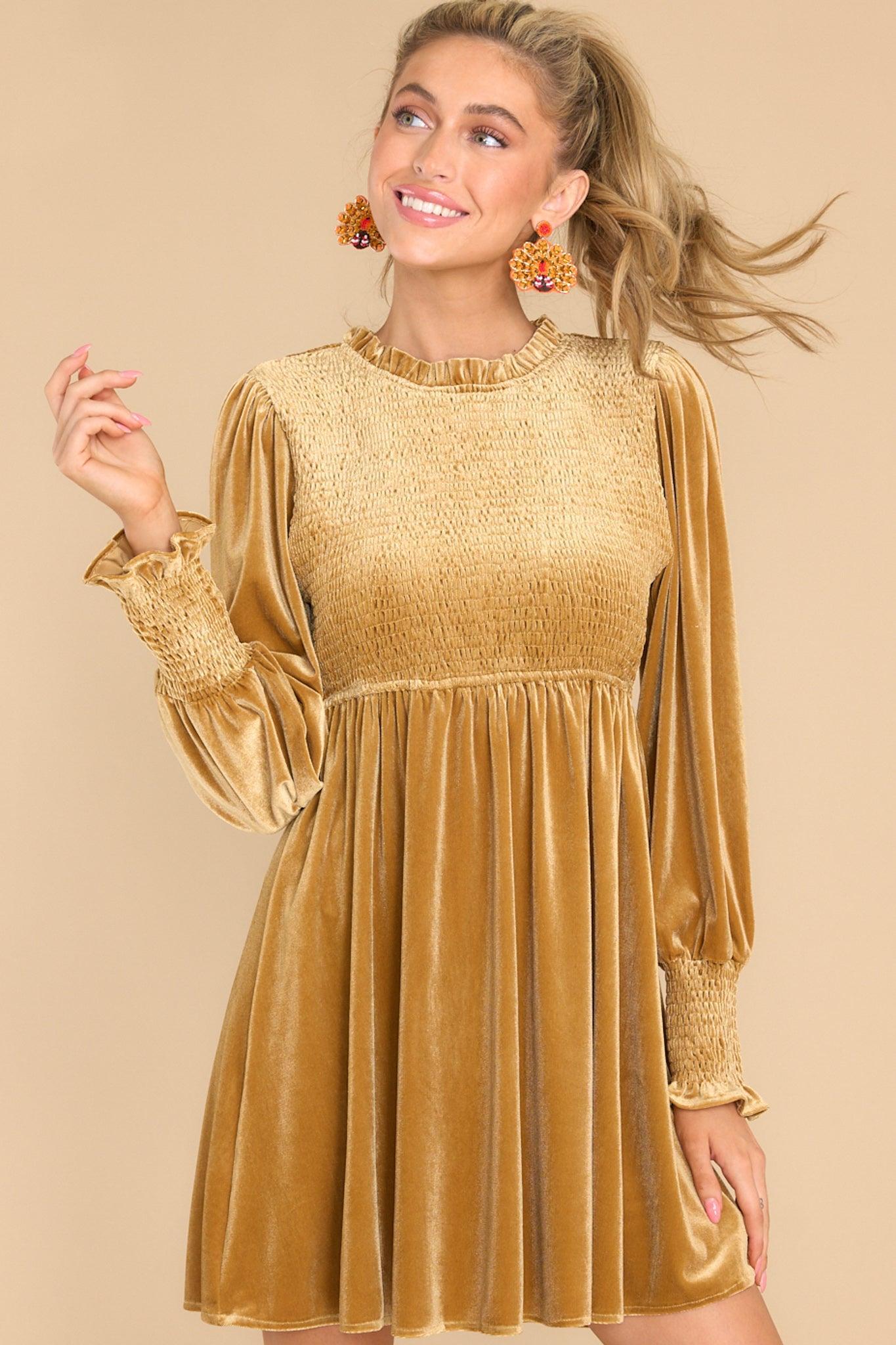 Gilded Dreams Gold Velvet Dress Product Image