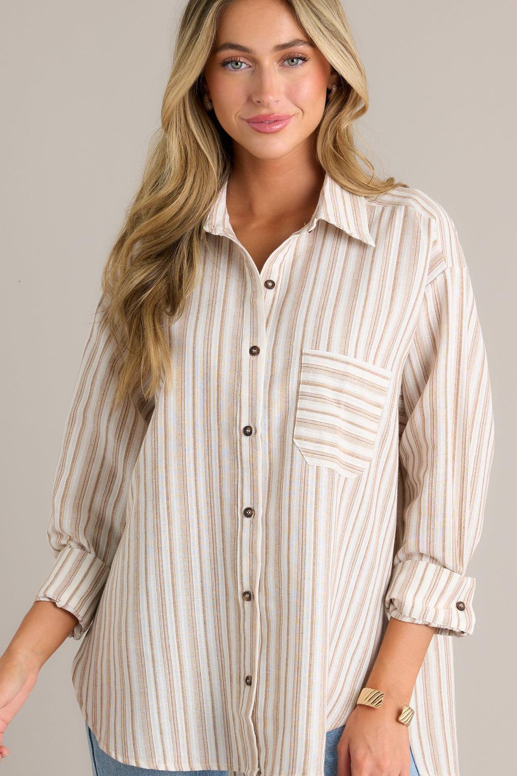 Boho Harmony Ivory Button Front Stripe Top Product Image