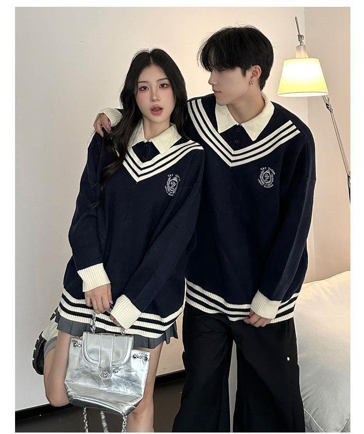 Couple Matching Long Sleeve V-Neck Contrast-Trim Striped Loose-Fit Sweater Product Image