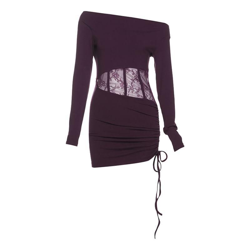 Long-Sleeve One-Shoulder Plain Lace Panel Drawstring Mini Sheath Dress Product Image