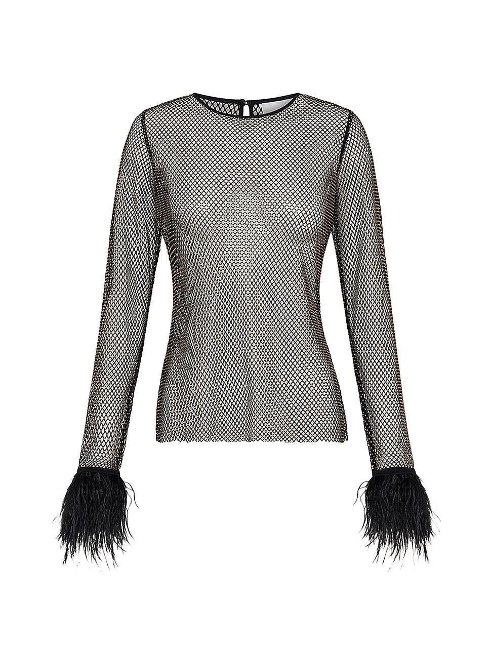 Womens Feather Embellished Hotfix Mesh Blouse Product Image