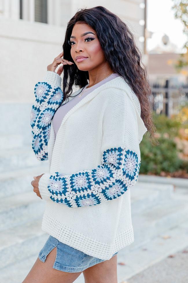 Be Better Ivory and Blue Crochet Sleeve Hooded Cardigan  FINAL SALE Product Image