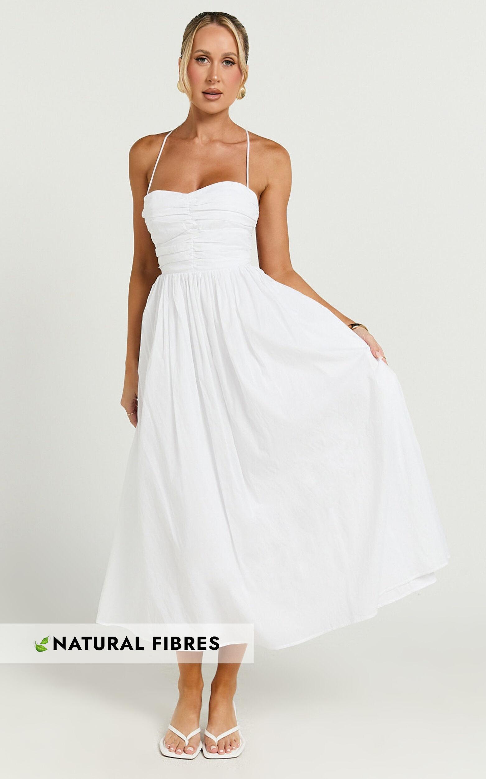 Caroline Midi Dress - Strapped Ruched Bodice Gathered Skirt Dress in White Product Image