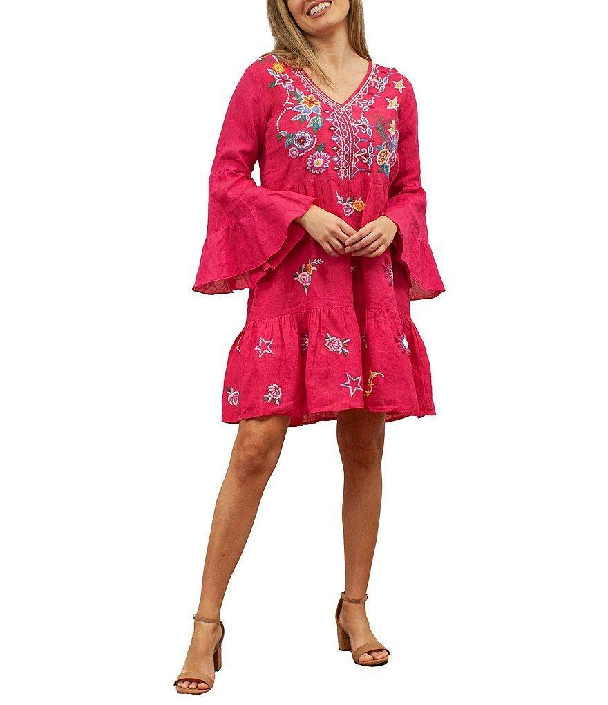 Karyn Seo Embroidered V-Neck Long Bell Sleeve Tiered Dress Product Image