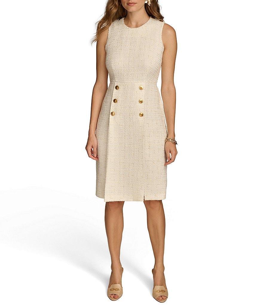 Donna Karan Tweed Crew Neck Sleeveless Button Detail Sheath Midi Dress Product Image