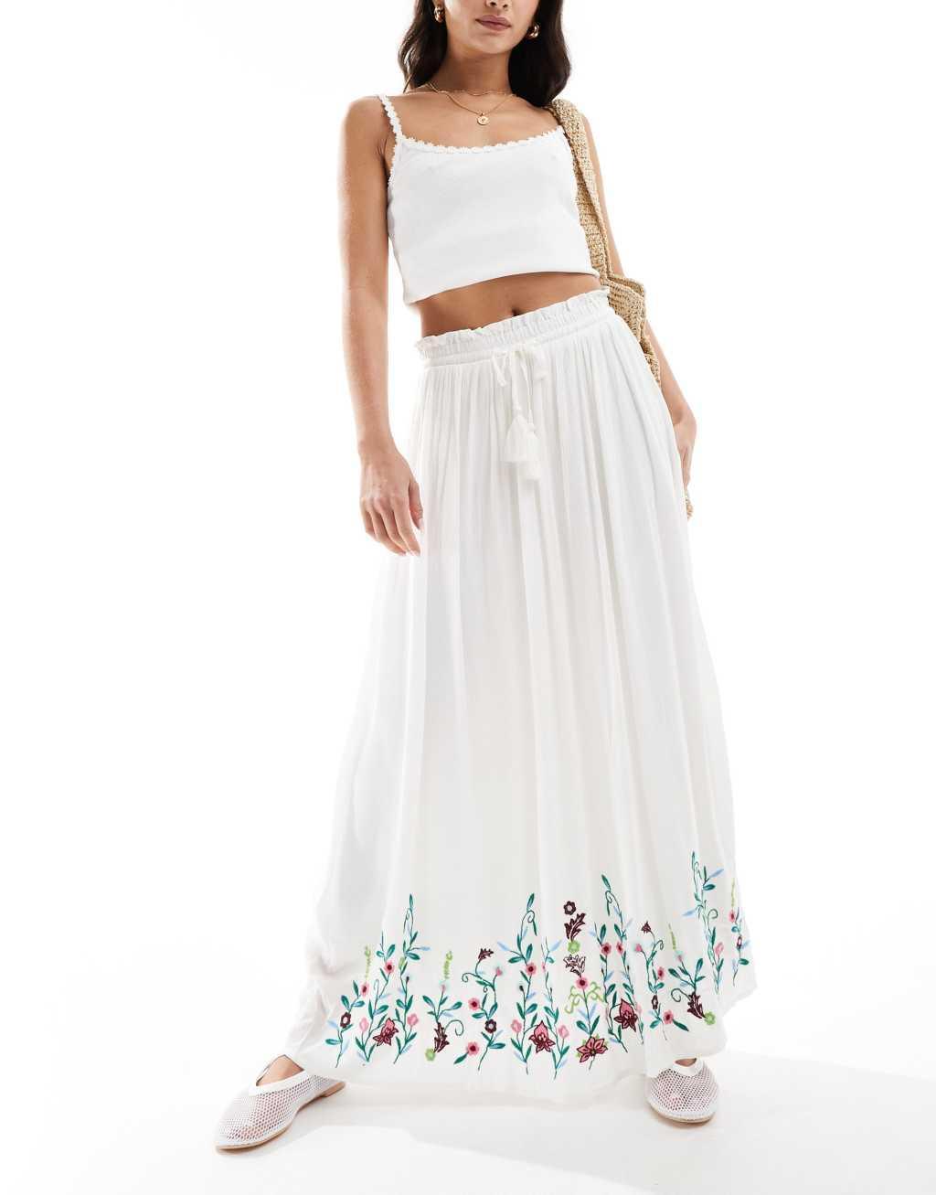 YAS Festival embroidered maxi boho skirt with tie waist in white Product Image