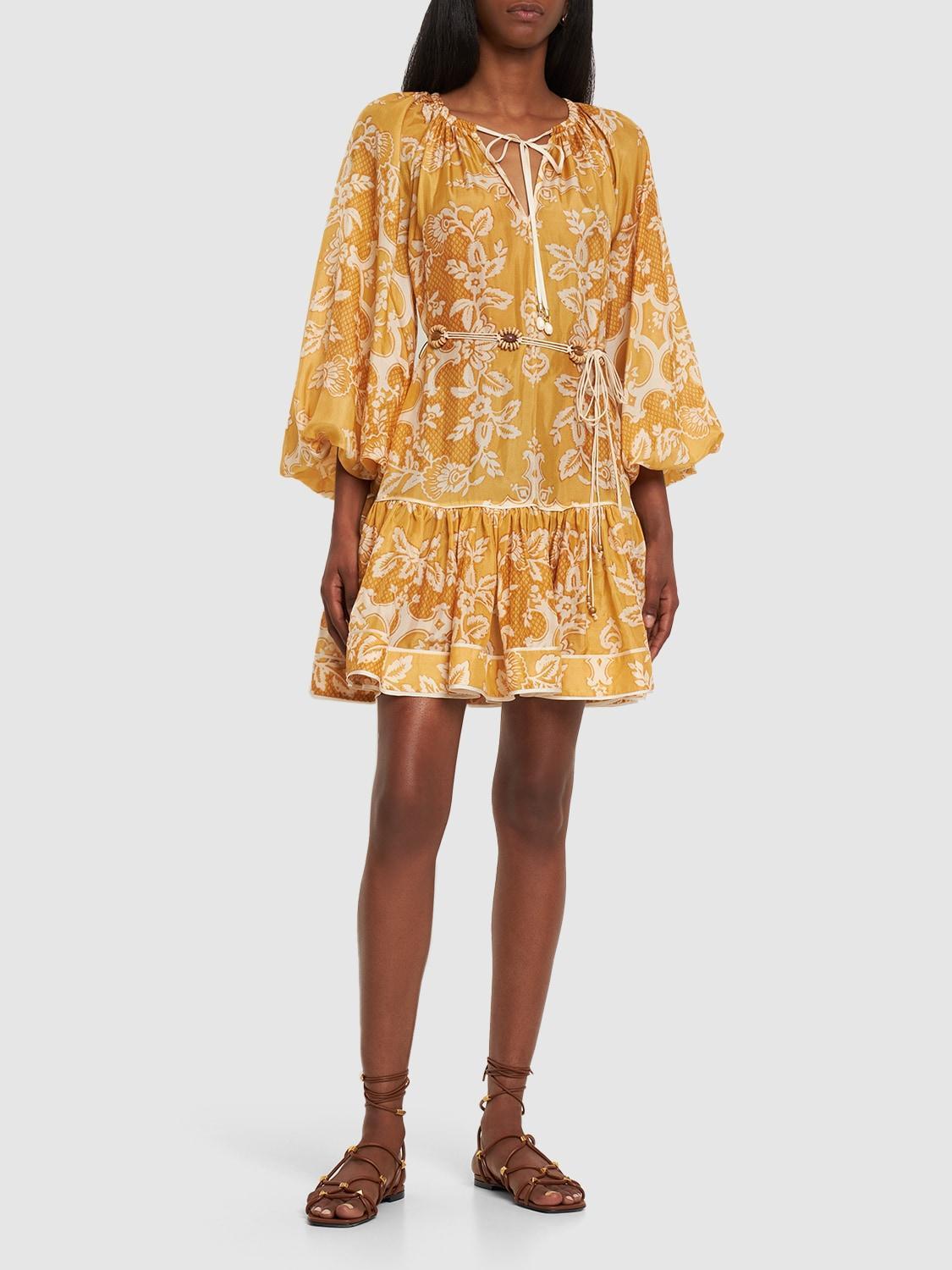 Yellow Raie Floral Print Silk Dress In Gold Product Image