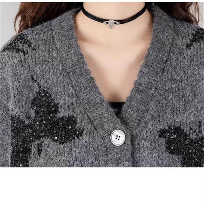 V-Neck Butterfly Print Sequin Button-Up Cardigan Product Image