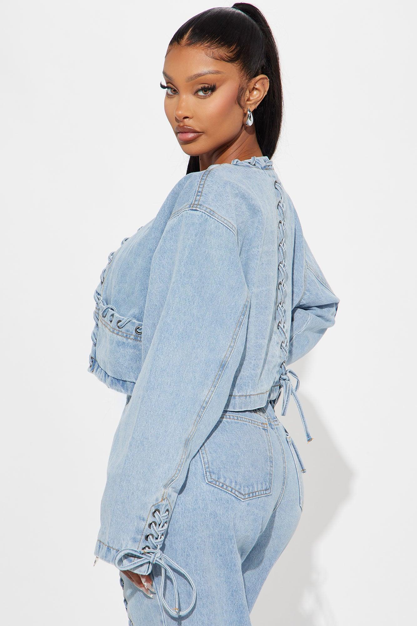 Amplified Cropped Lace Up Denim Jacket - Light Wash Product Image