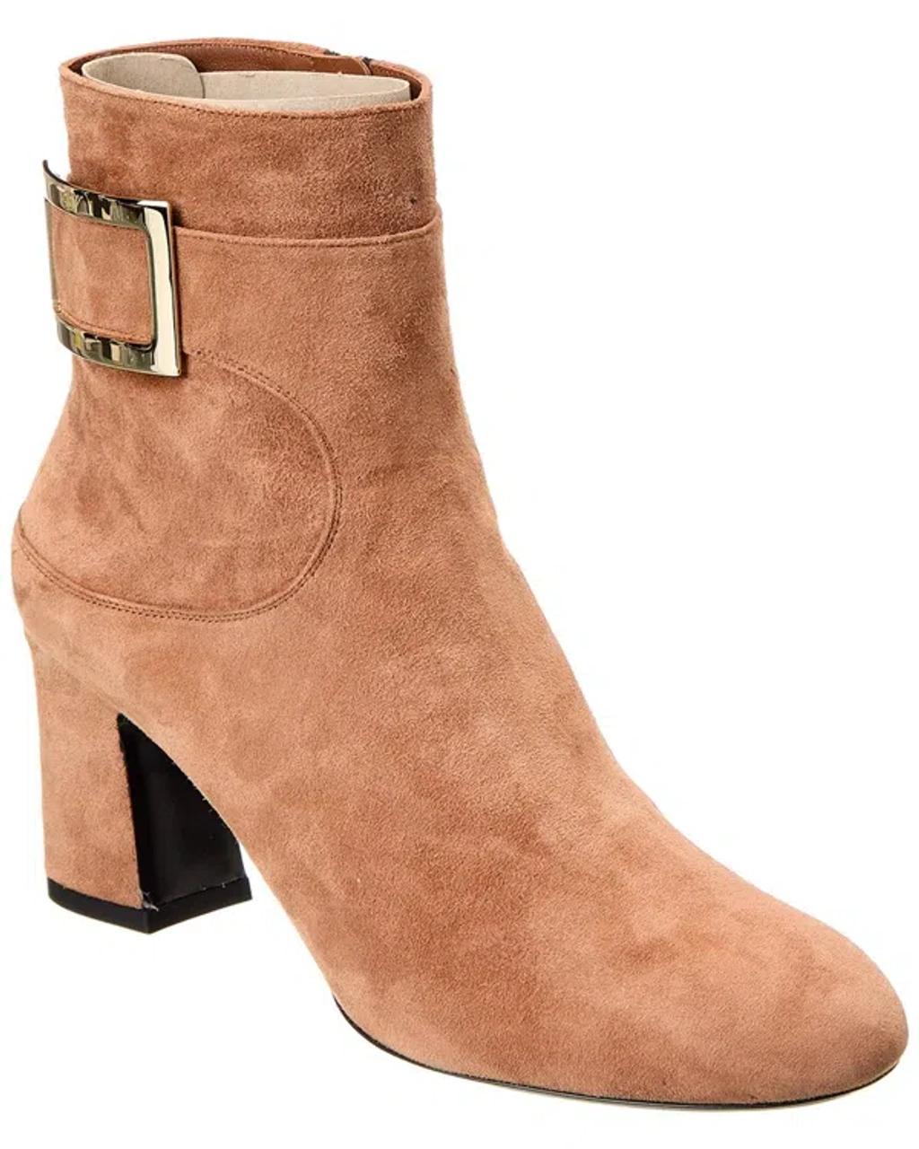 ROGER VIVIER Logo Plaque Chunky Suede Bootie In Brown Product Image