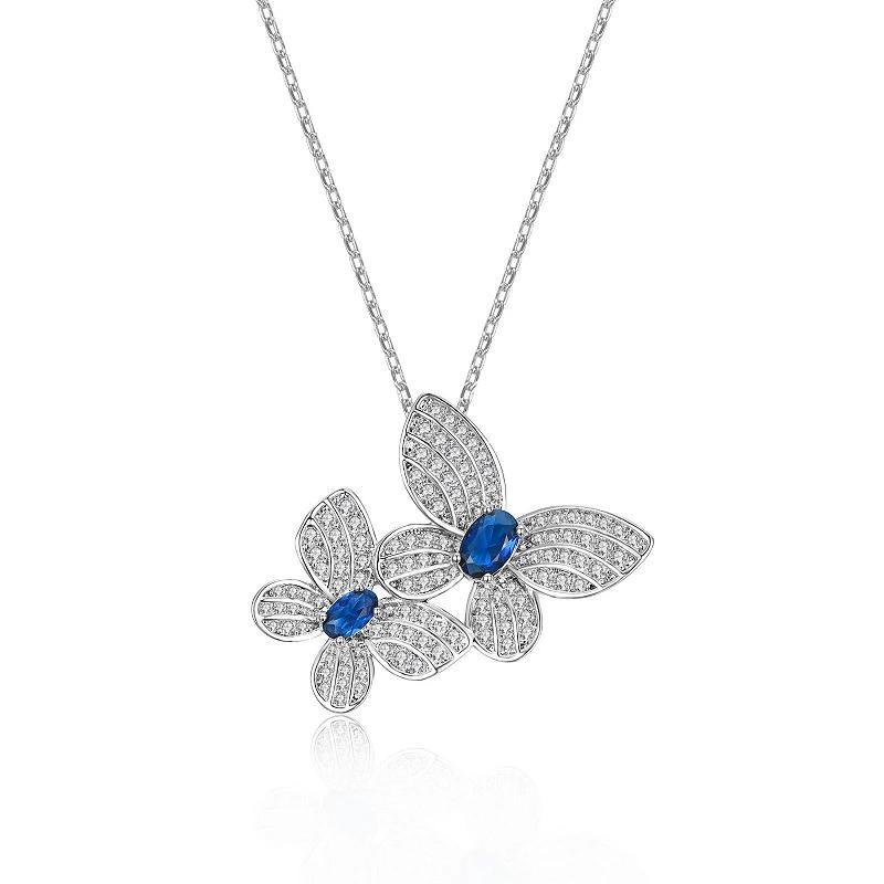 Sterling Silver Cubic Zirconia Double Fluttering Butterfly Pendant Necklace, Womens Product Image