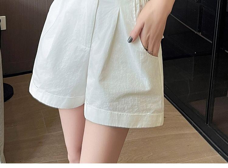 High Waist Pleated Casual Shorts With Rolled Hem Product Image