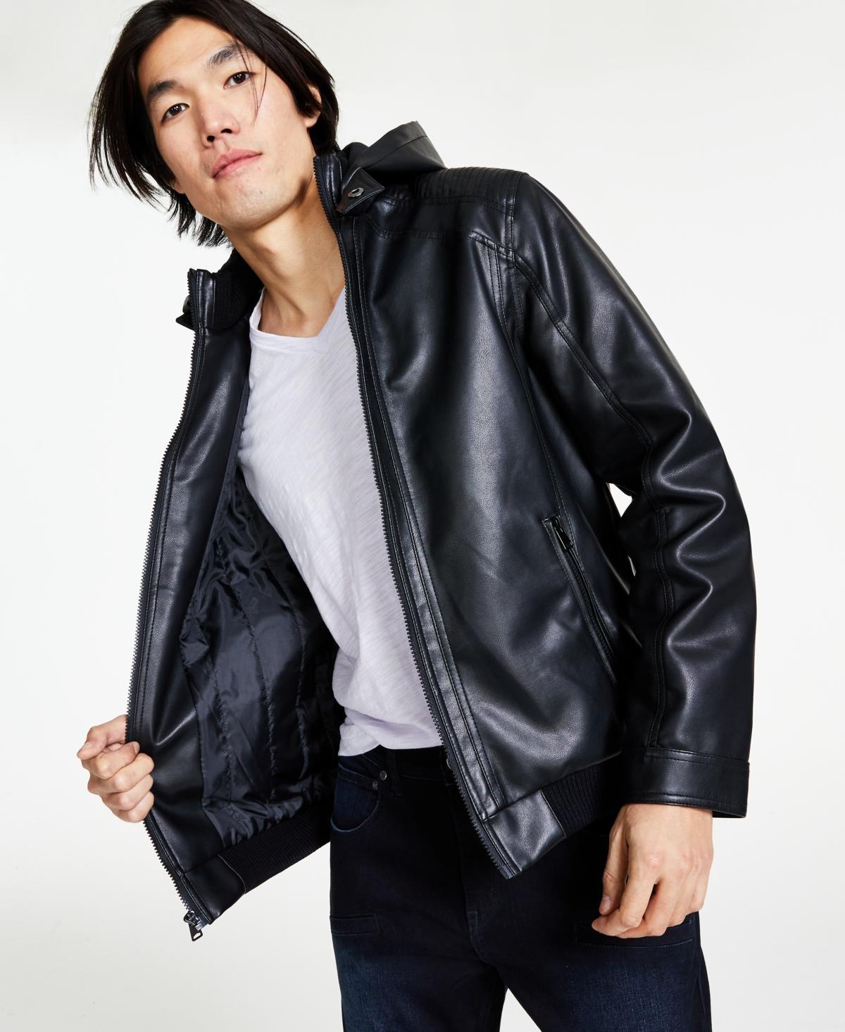 I.n.c. International Concepts Mens Regular-Fit Faux-Leather Bomber Jacket with Removable Hood, Created for Macys Product Image