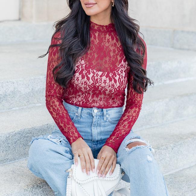 Just What I Needed Burgundy Lace Turtleneck Layering Top FINAL SALE Product Image