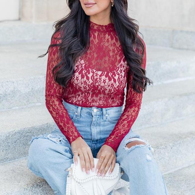 Just What I Needed Burgundy Lace Turtleneck Layering Top FINAL SALE Product Image