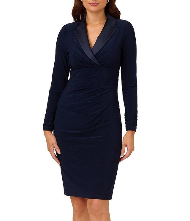 Adrianna Papell Long Sleeve Stretch Satin Lapel Tuxedo Dress Product Image