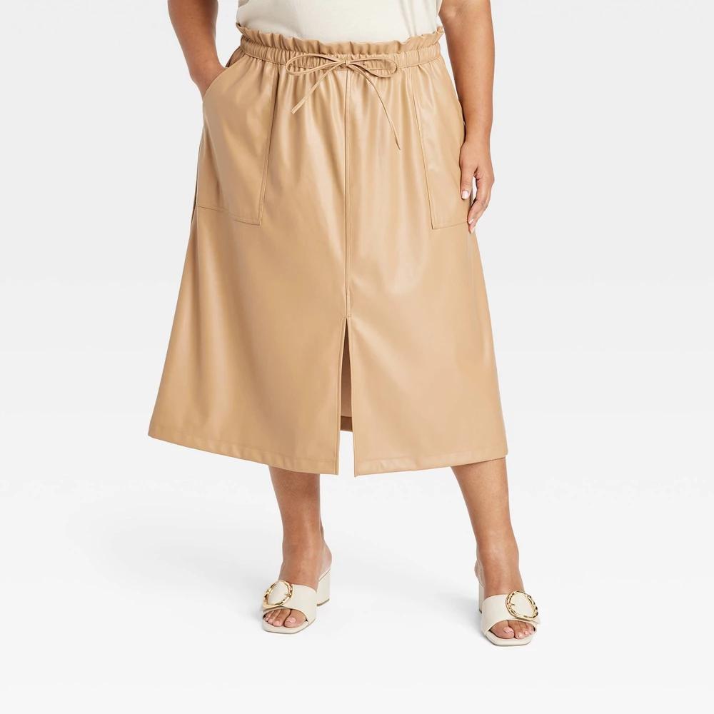 Womens Faux Leather Midi A-Line Skirt - Ava & Viv Tan XXL Product Image