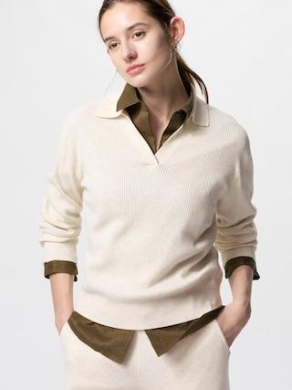 Womens Washable Knit Ribbed Polo Sweater Natural Medium UNIQLO US Product Image