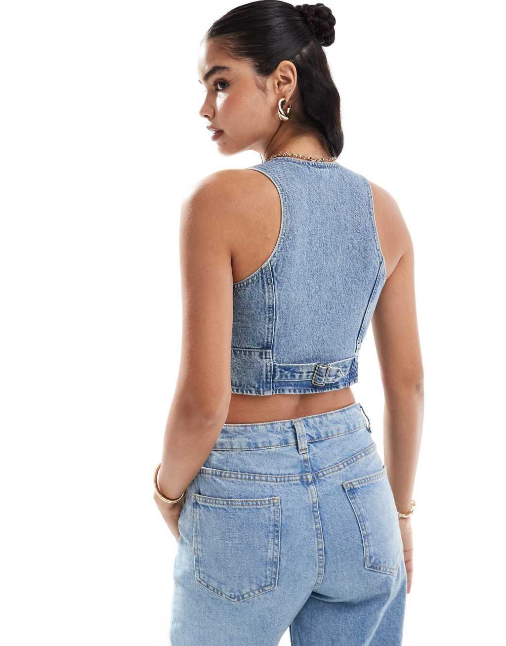 Levi's Mona denim corset crop top in mid blue Product Image