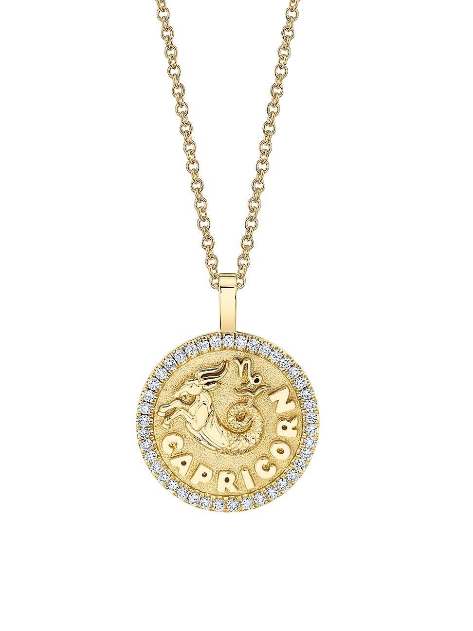 Womens 18K Yellow Gold & Diamond Sagittarius Coin Pendant Necklace Product Image