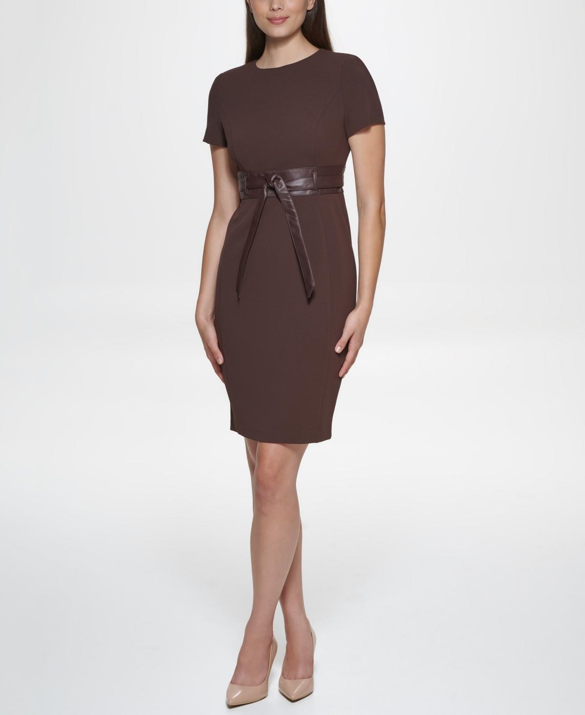 Calvin Klein Scuba Crepe Short Sheath Dress with Faux Leather Belt (Black) Women's Dress Product Image