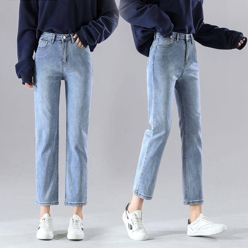 High Waist Washed Cropped Straight Leg Jeans Product Image