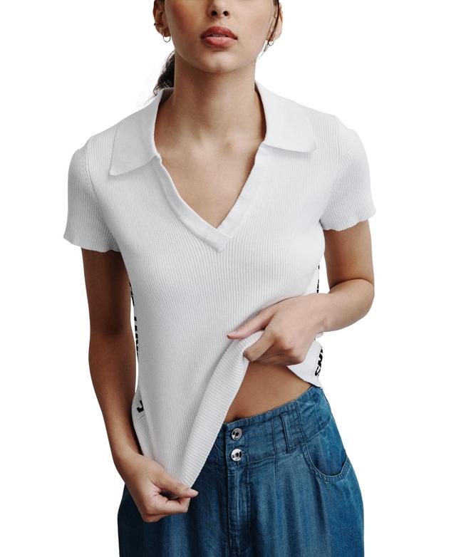 Women's V-Neck Side-Logo Rib-Knit Short Sleeve Polo Top Product Image