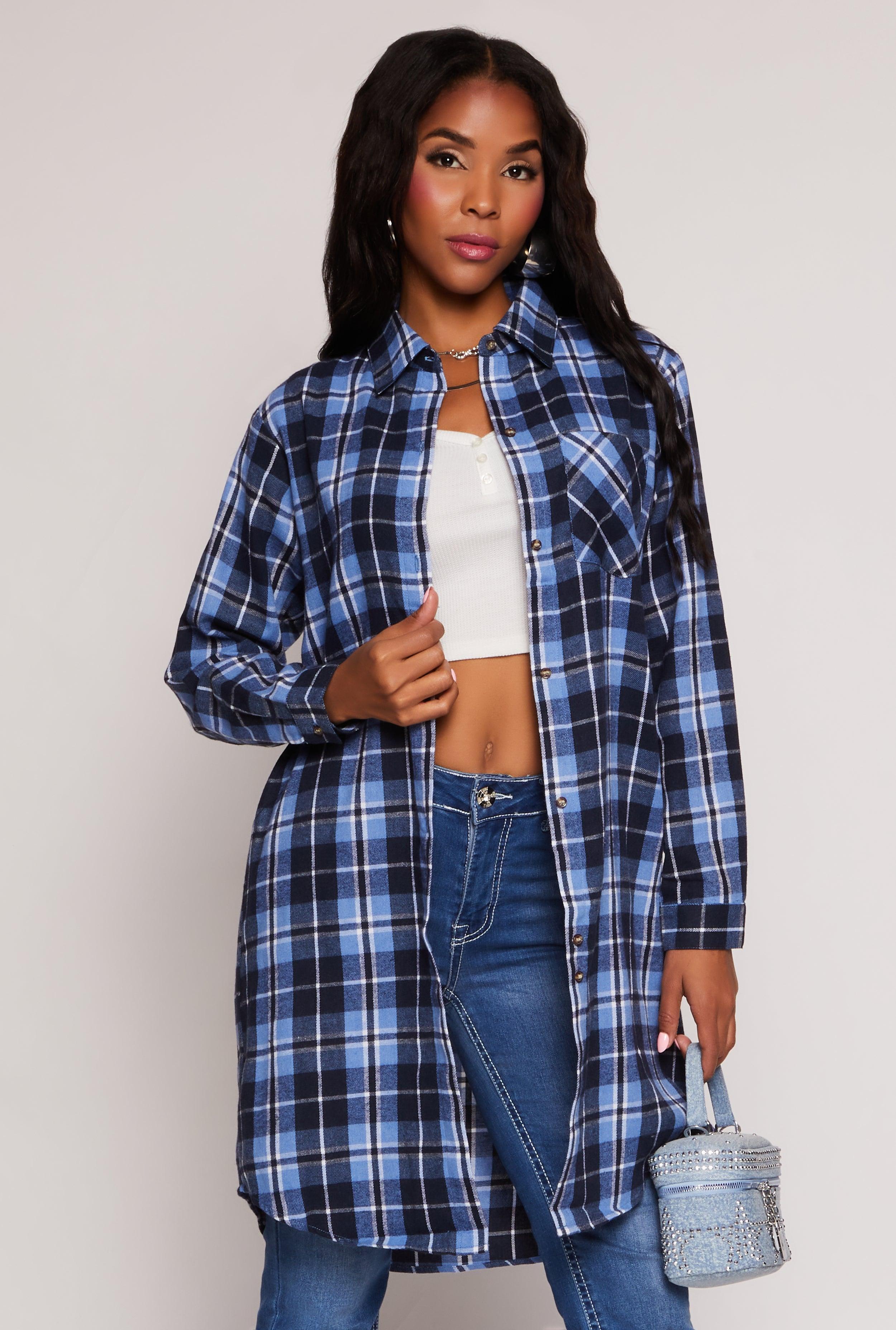 Womens Spoon Jeans Plaid Button Front Tunic Shirt Product Image