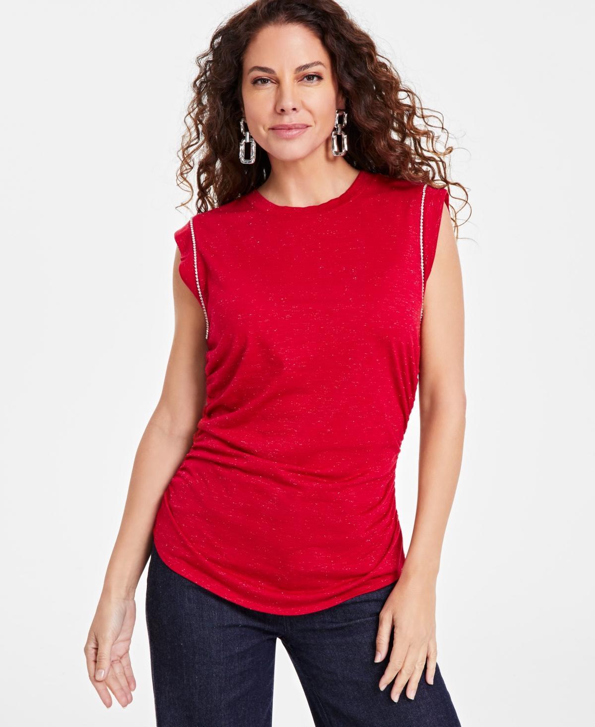 I.n.c. International Concepts Womens Ruched-Side Embellished Tee, Created for Macys product image