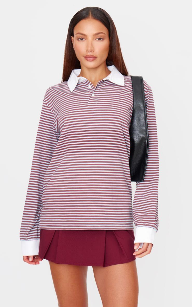 Burgundy Striped Collared Oversized Long Sleeve T Shirt Product Image