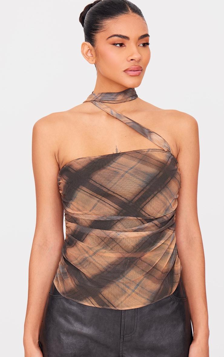 Multi Check Printed Mesh Scarf Detail Bandeau Top Product Image