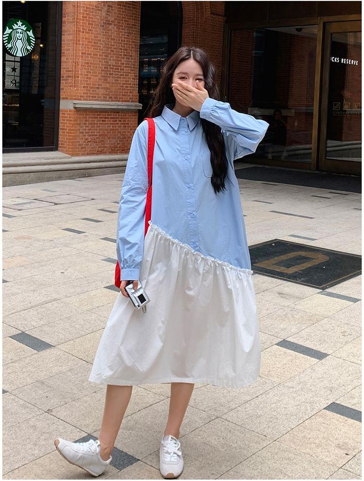 Long-Sleeve Two Tone Asymmetrical Frill Trim Half-Buttoned Midi Tunic Shirt Dress Product Image