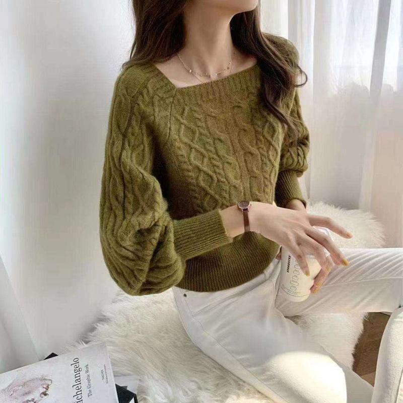 Balloon-Sleeve Cable Knit Plain Sweater product image