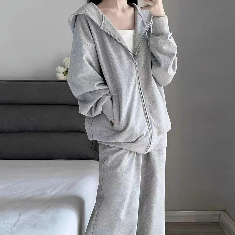 Set: Zip Hoodie + Drawstring Waist Wide Leg Sweatpants Product Image