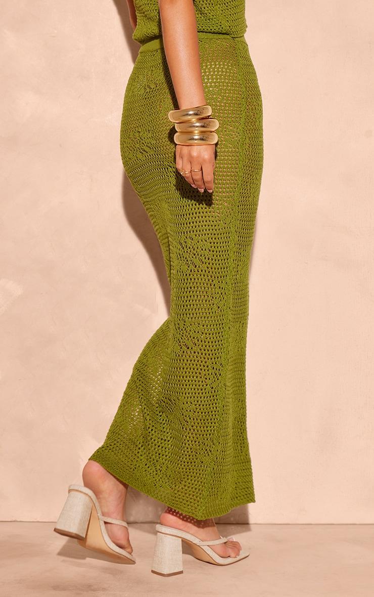 Khaki Crochet Floral Knit Maxi Skirt Product Image