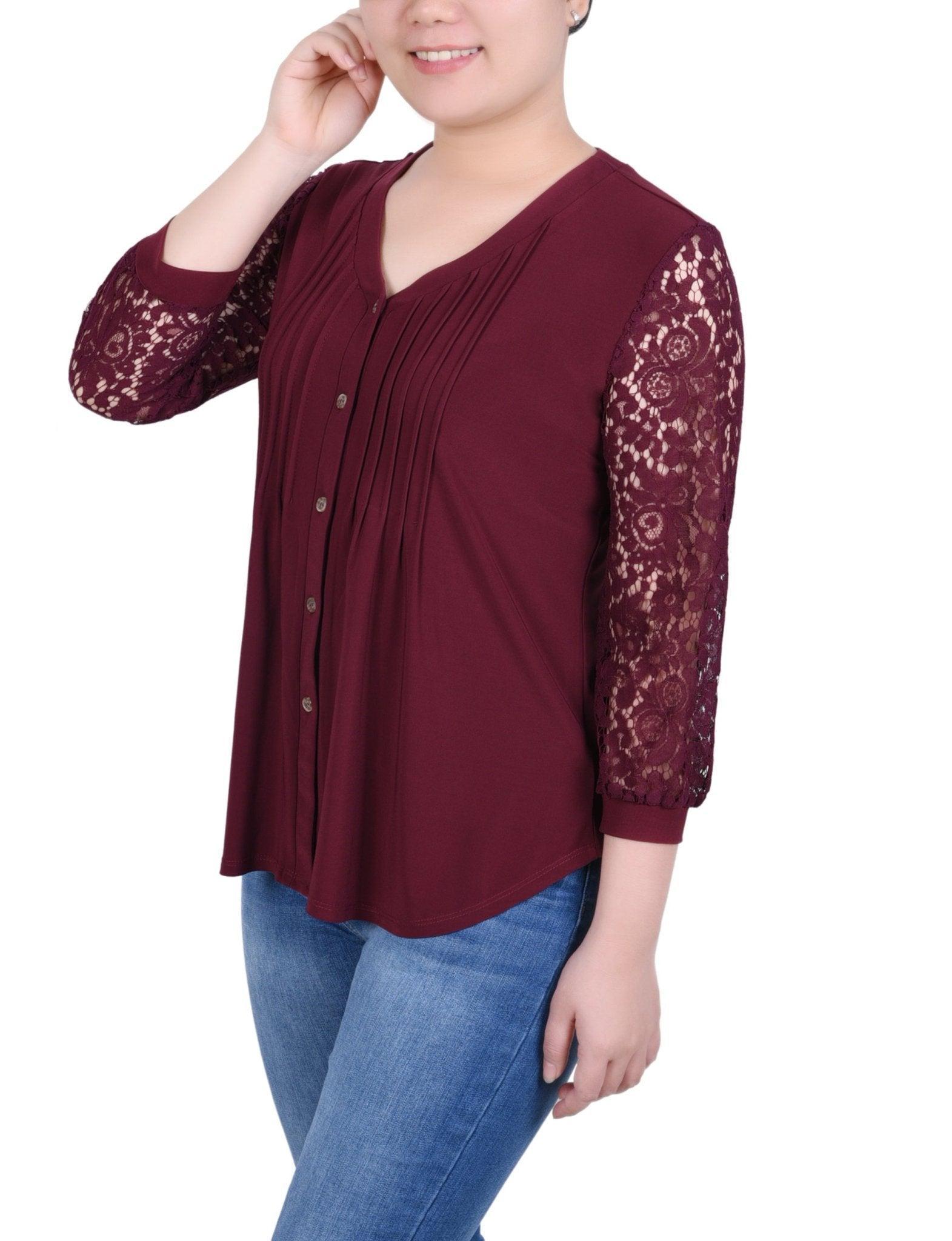 Lace-Sleeve V Neck Top - Petite Product Image