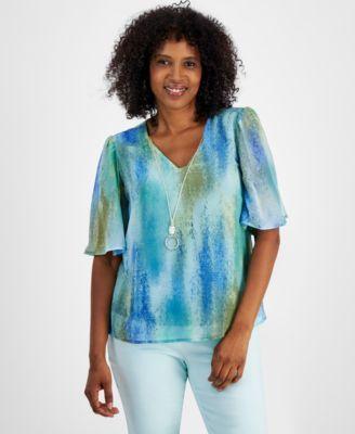 Women's Printed Elbow-Sleeve Necklace Top, Created for Macy's Product Image