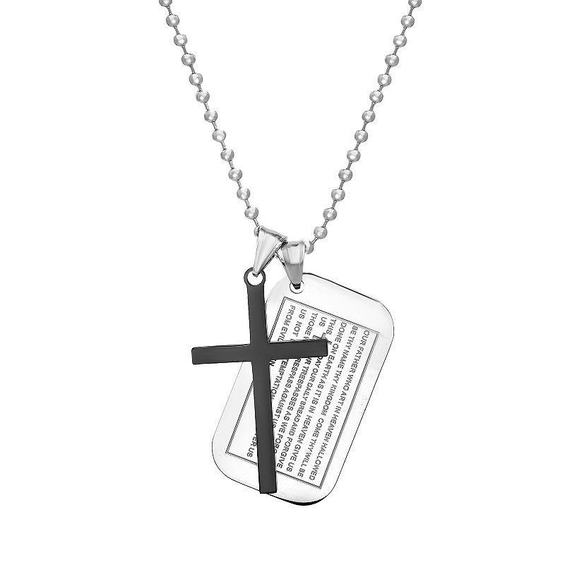 1913 Mens Stainless Steel Cross & The Lords Prayer Dog Tag Necklace Two Tone Product Image