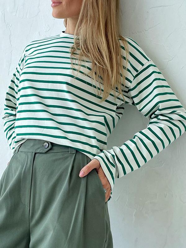 Long Sleeves Loose Striped Round-Neck T-Shirts Tops Product Image