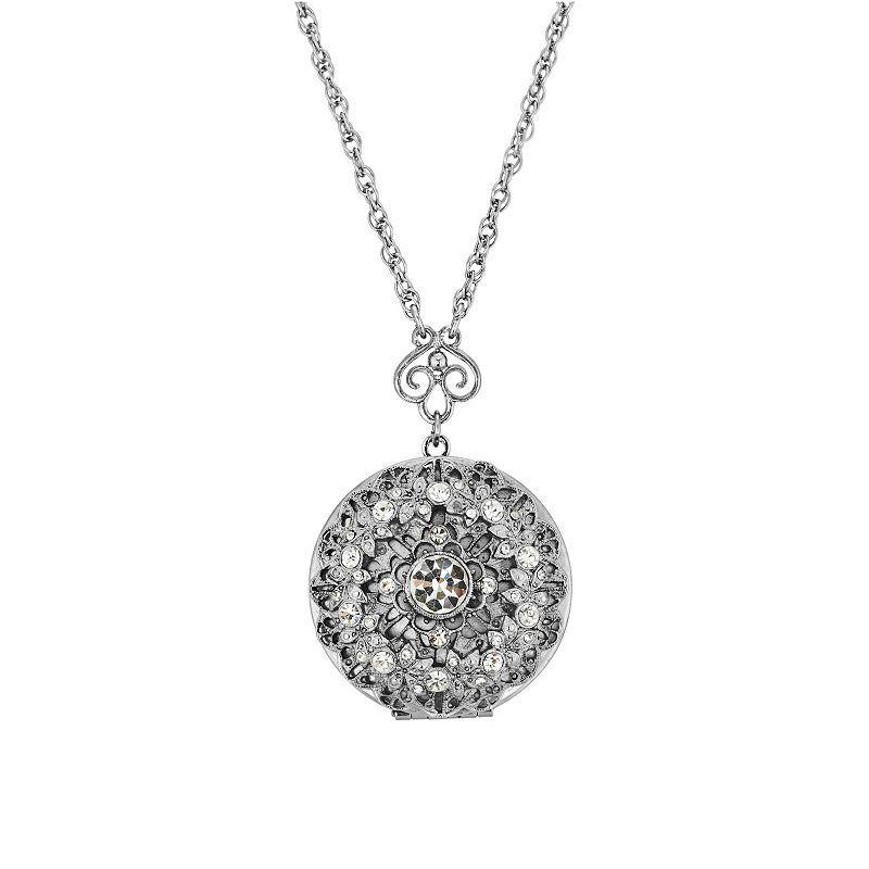 1928 Silver Tone Round Simulated Crystal Locket Necklace, Womens, Clear Product Image